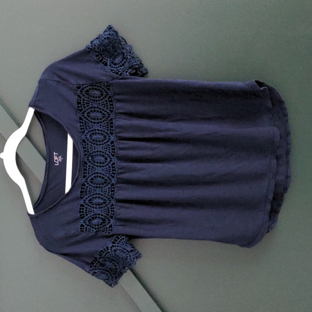 LOFT Short Sleeve Shirt with Lace, Navy, Size S